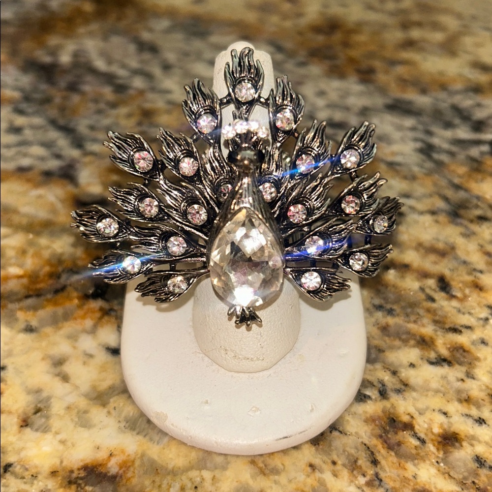 Silver and Crystal Peacock Ring
